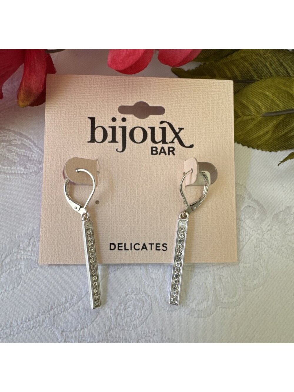 Bijoux Bar Delicates Earrings Dangle Silver Tone Rhinestone 1 3/4" NEW